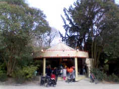Several people wait outside a merry-go-round under a white tent, nestled between two large leafy trees