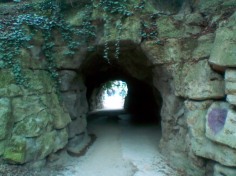A short tunnel through rock. Ivy is visible above and to the left of the entrance